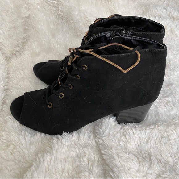Bamboo Black Suede Lace Up Peep Toe Bootie - Picture 6 of 10